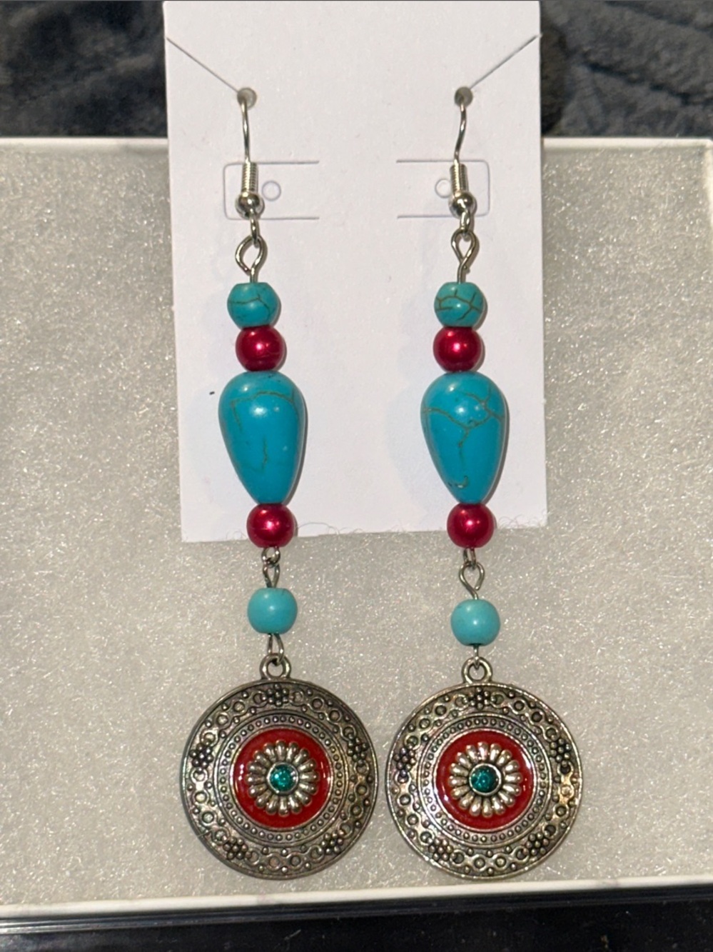 Handmade Turquoise color & Red Boho Drop Earrings - Women Jewelry